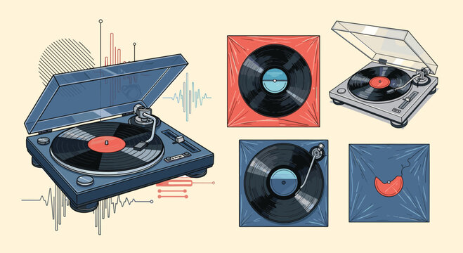 Set of classic vinyl record players and individual records in colorful sleeves with sound wave graphics for music lovers and vintage audio enthusiasts.