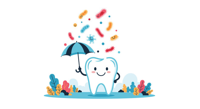 Cute tooth character holding a blue umbrella to protect itself from colorful germs and bacteria in an oral hygiene and dental care concept.