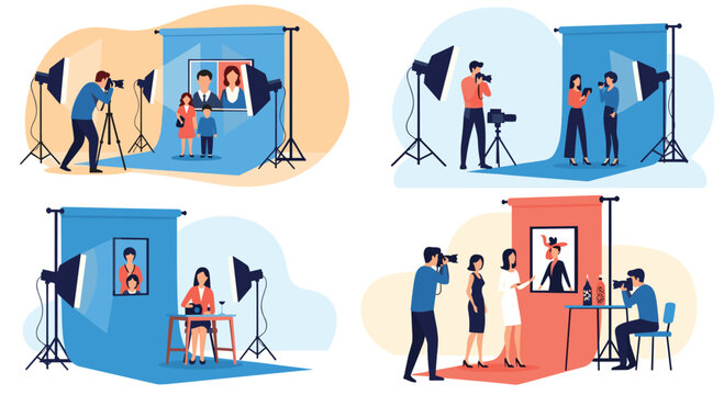 Professional photographers taking pictures of families and individuals in a studio with blue and pink backdrops and studio lighting equipment.