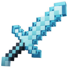 Fototapeta premium A shiny blue diamond sword rendered in a stylized pixelated blocky aesthetic for video games isolated on transparent background
