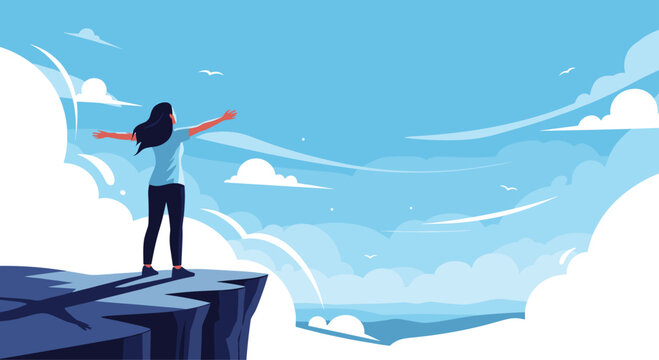 Young woman stands on the edge of a high cliff with arms outstretched overlooking a vast blue sky filled with clouds.