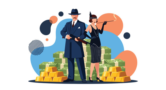 Vintage style gangsters standing in front of a massive pile of money stacks and gold bars in a prohibition era scene.