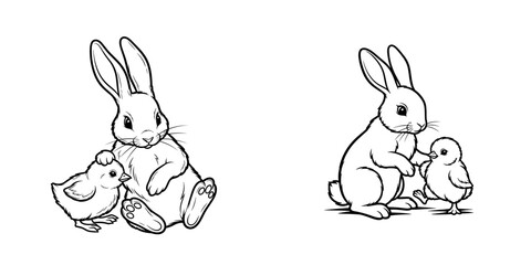 Obraz premium Bunny and chick playing together, isolated on transparent background 