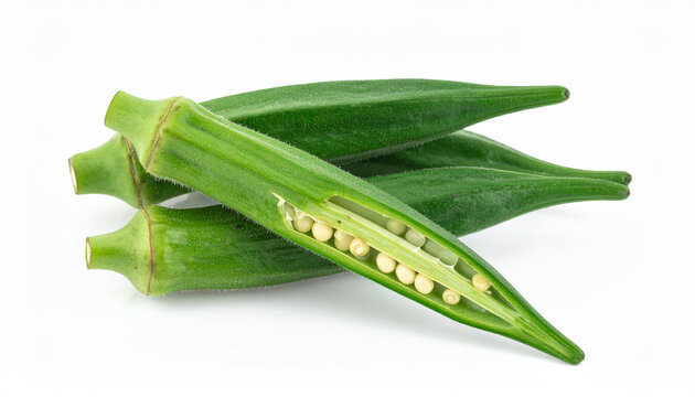 Fresh Okra Pods One Cut Open Revealing Seeds on White Background okra, gombo, bhindi