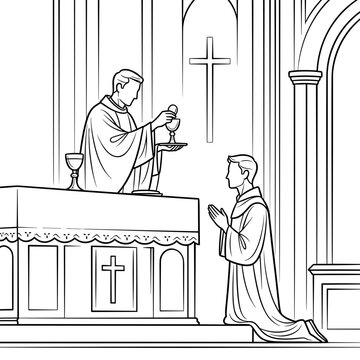 Priest performing holy communion in church while parishioner prays  