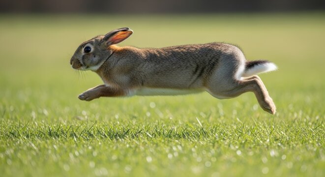 Fast brown rabbit running on grass.