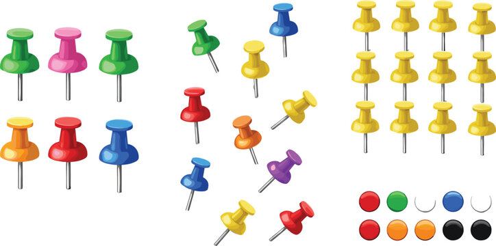 Colorful Push Pin Vector Set with Thumbtacks, Office Supplies, Notice Board Pins and Stationery Elements Illustration Collection