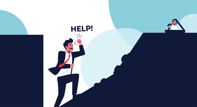 Businessman trapped in a deep ravine shouts for help towards people on top of a hill representing crisis and support.