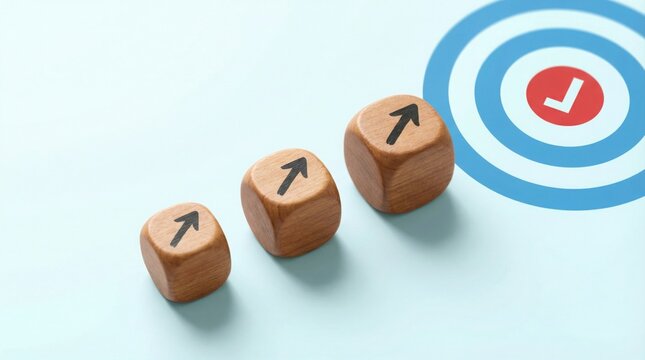 Business Growth: Three wooden dice, each emblazoned with an upward arrow, climb towards a bullseye target, symbolizing progress, reaching objectives, and successful achievement.