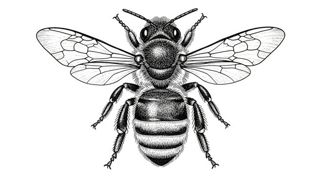 Detailed illustration of a honeybee with outspread wings on white background