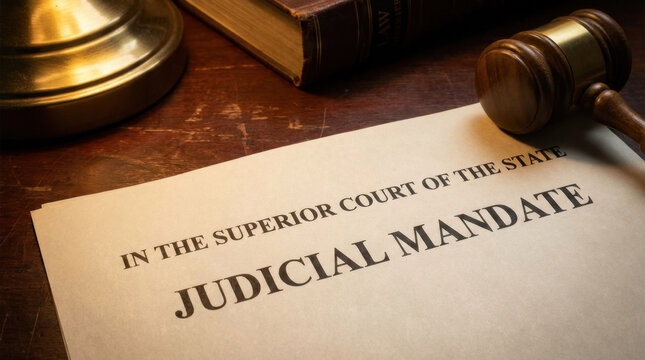 Judicial Mandate Document on Wooden Desk with Gavel and Books
