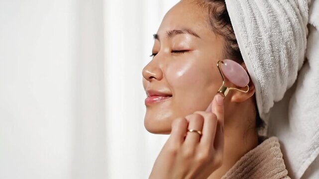 Young adult Asian woman in her 20s with fair skin using a rose quartz roller on her face while wearing a robe and head towel.