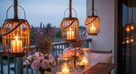 Obraz premium Evening balcony scene featuring lanterns candles and floral arrangements