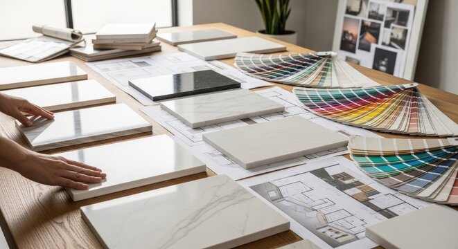 Interior design project planning with samples and color palettes on a table