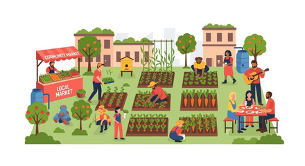 Naklejka premium Vibrant Community Garden & Local Market Scene: Diverse People Farming, Harvesting, Selling Fresh Produce, and Socializing in an Urban Sustainable Environment