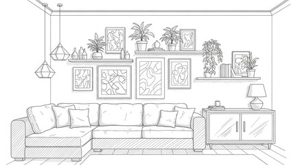 Fototapeta premium Modern interior sketch living room with sofa plants and artwork