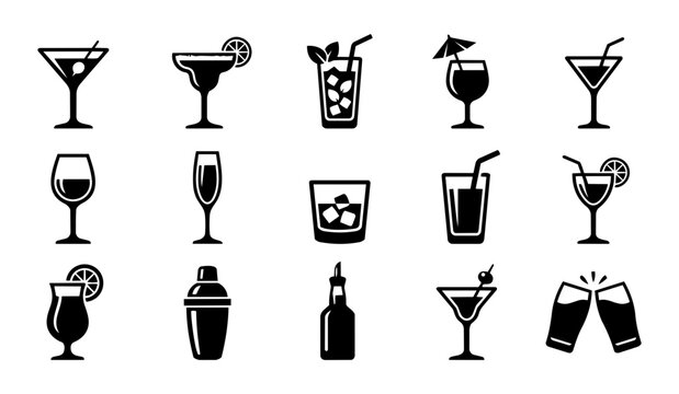 Cocktail Drink Silhouettes Set &ndash; Bar, Party, Alcoholic Beverages and Glass Icons Black Vector Collection