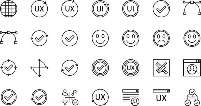 UI/UX Design and User Feedback Icons Set Featuring UX, UI, Smiley Faces, and Interaction Symbols