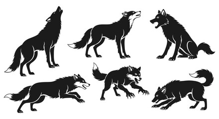Fototapeta premium Silhouette Wolf Pack: Howling, Running, and Sitting Poses - Vector Art