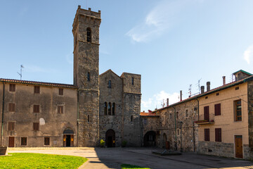 Fototapeta premium Abbadia San Salvatore abbey campanile and architecture in Tuscany, Italy.