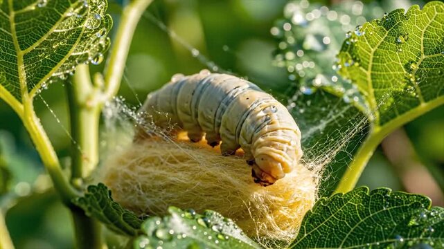Close-up of a silkworm caterpillar spinning a cocoon on a green leaf.