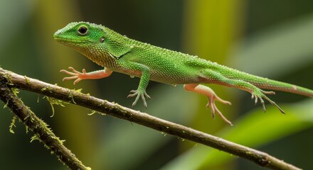 Fototapeta premium Green lizard on a branch outdoors.