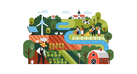 Naklejka premium Eco-Friendly Farm Life: Sustainable Agriculture, Renewable Energy & Harvest Illustration