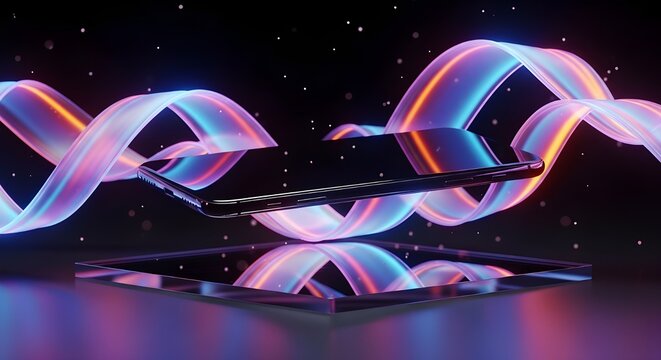 A smartphone with a vibrant and colorful neon light design floating above its reflection in a dark space