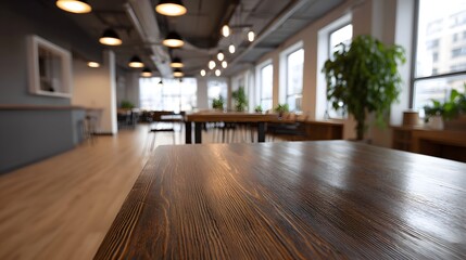 Fototapeta premium Empty modern co working space with a focus on a polished wooden table in the foreground bathed in natural light from large