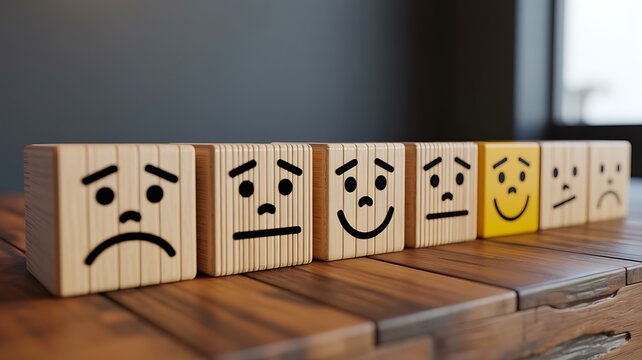 Wooden blocks with different emotions faces isolated on table customer feedback concept 