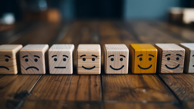 Wooden blocks with customer satisfaction faces on table feedback rating concept 