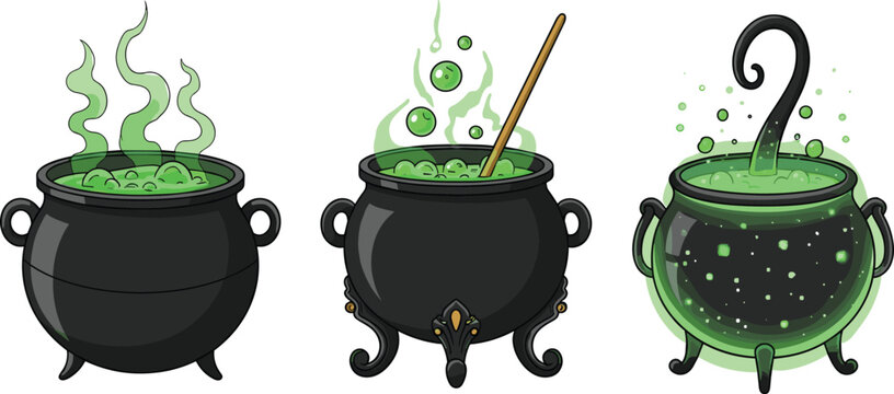 Set of Witch Cauldron Illustrations with Green Magic Potion Boiling Halloween Witchcraft Brewing Pot Collection Isolated on White Background Fantasy Vector Design