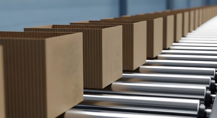 Fototapeta premium Efficient Logistics and Automated Production Line Featuring Cardboard Boxes on a Roller Conveyor System