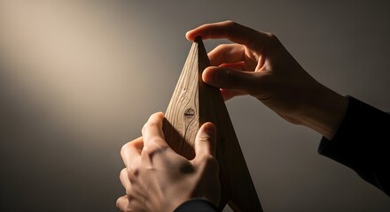 Naklejka premium Focused Hands Adjusting a Wooden Geometric Object Under Dramatic Spotlight Illumination