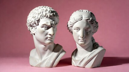 Obraz premium White marble busts face each other against pink background
