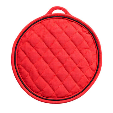Vibrant red circular quilted pot holder, an essential kitchen accessory for safe and convenient handling of hot cookware and dishes, isolated on a clean white background