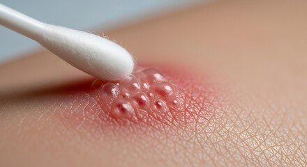 Fototapeta premium Medical photo showing a skin rash with multiple small pustules and redness. A cotton applicator is used to apply ointment or collect a sample from the symptomatic area for diagnosis