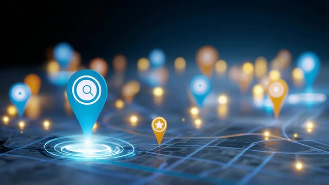 Glowing location pins on abstract digital city map, GPS navigation, geolocation search, route planning, location 