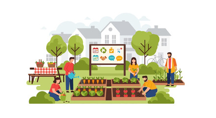 Naklejka premium Community Garden Project: Urban Farming & Sustainable Living. People Volunteer, Grow Fresh Organic Vegetables in Raised Beds. Teamwork & Eco-Friendly Concept