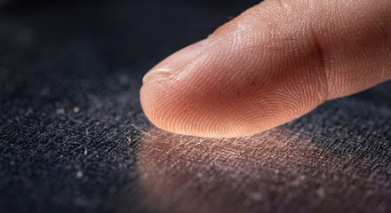 Fototapeta premium Macro close-up of a human finger touching a textured dusty metallic surface