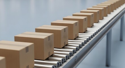 Fototapeta premium Numerous Cardboard Boxes Moving Along an Automated Conveyor Belt System in a Modern Warehouse, Symbolizing Efficient Logistics and Global Shipping