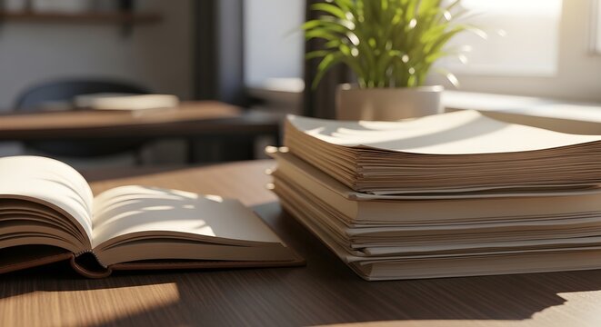 An Open Book And A Stack Of Books Resting On A Wooden Surface Near A Plant