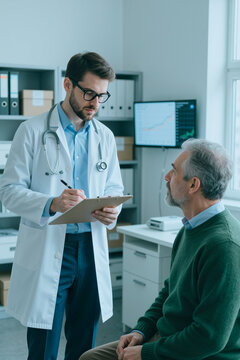 Vertical shot of male doctor reviewing notes on clipboard while senior man attending medical consultation in clinic. Useful for healthcare services, patient care, diagnosis, insurance