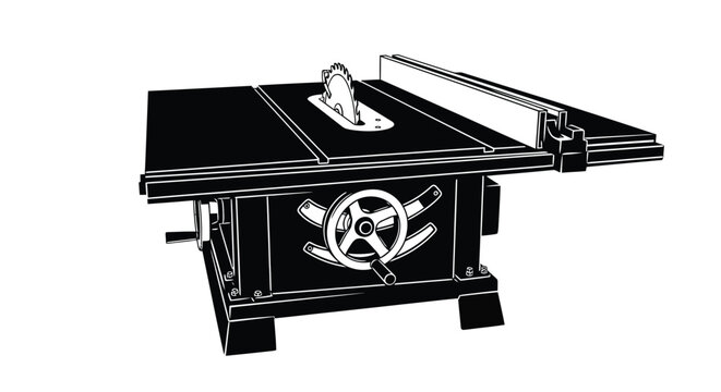 Black silhouette of a table saw with detailed features and mechanical parts silhouette