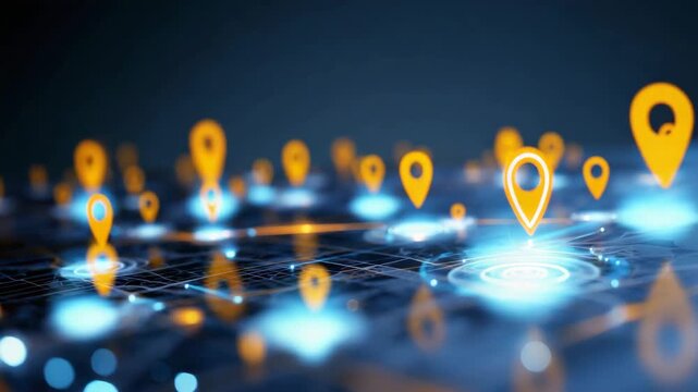 Glowing location pins on abstract digital city map, GPS navigation, geolocation search, route planning, location tracking, smart city technology, mapping system, travel app,