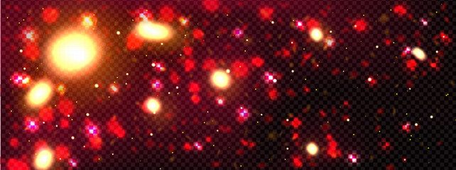 Firefly light glitter with red magic sparkle overlay background. Pink orange fairy effect for abstract garden party design. Deep starlight and smoke realistic stream png. Christmas pollen spray fog © Mariia