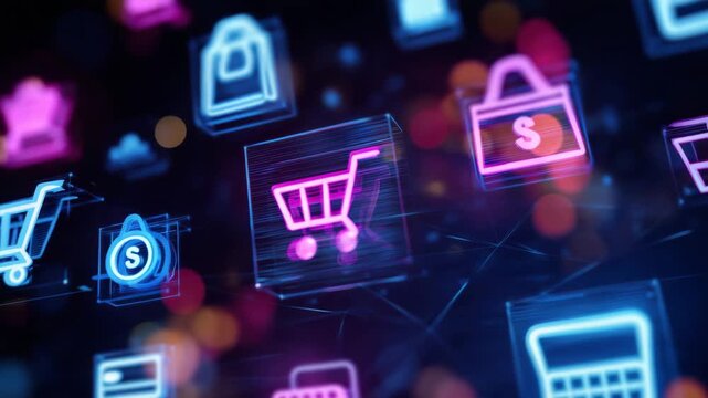 Glowing shopping cart and retail icons on futuristic digital interface, online shopping, e commerce, mobile payment, digital marketplace, retail technology, internet purchase, fintech, user interface