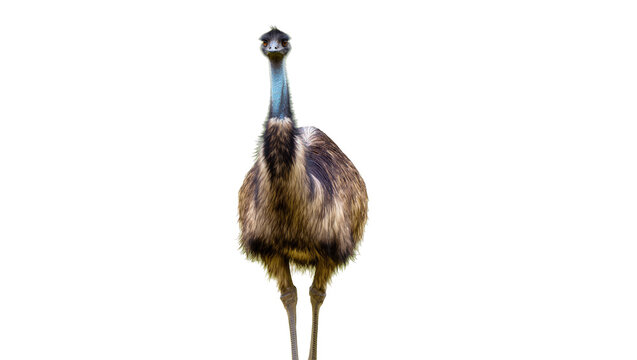 Curious emu bird looking directly at camera with long blue neck and brown feathers