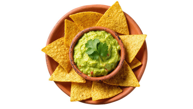 Delicious homemade guacamole with fresh cilantro and crunchy tortilla chips on rustic plate