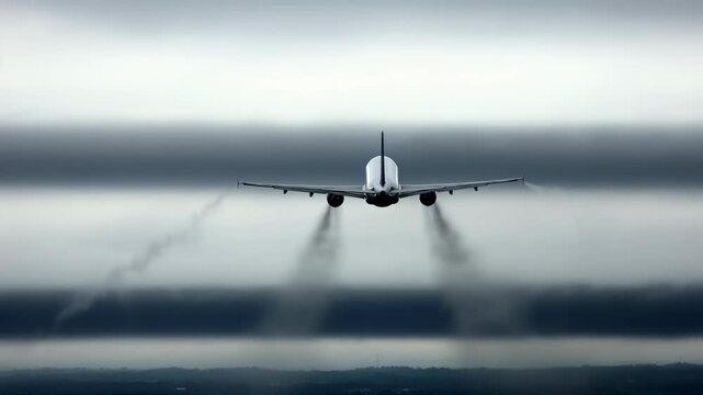 Passenger airplane flying high through dark clouds. Commercial jet travel in stormy weather. Aviation transport during climate instability and weather challenge.